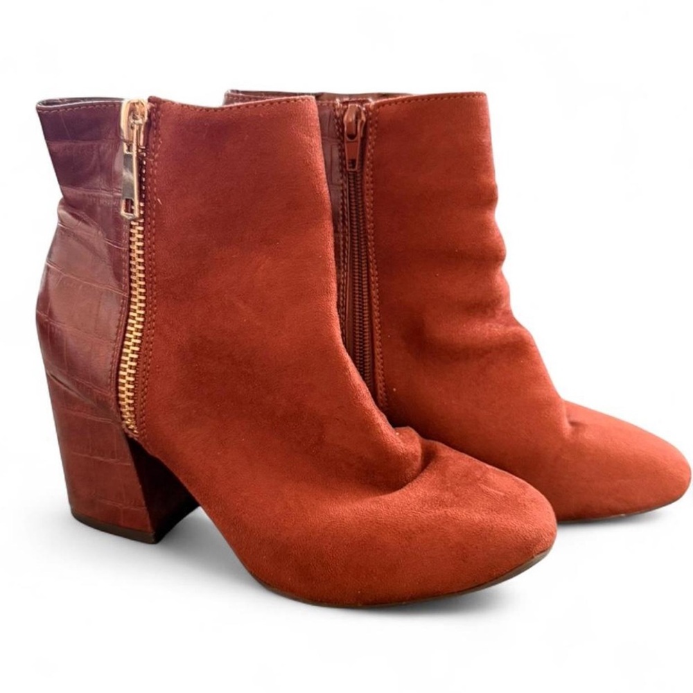 ‘Rouge’ Rust (Reddish/Brown) Suede Ankle Boots with Croc Leather Print